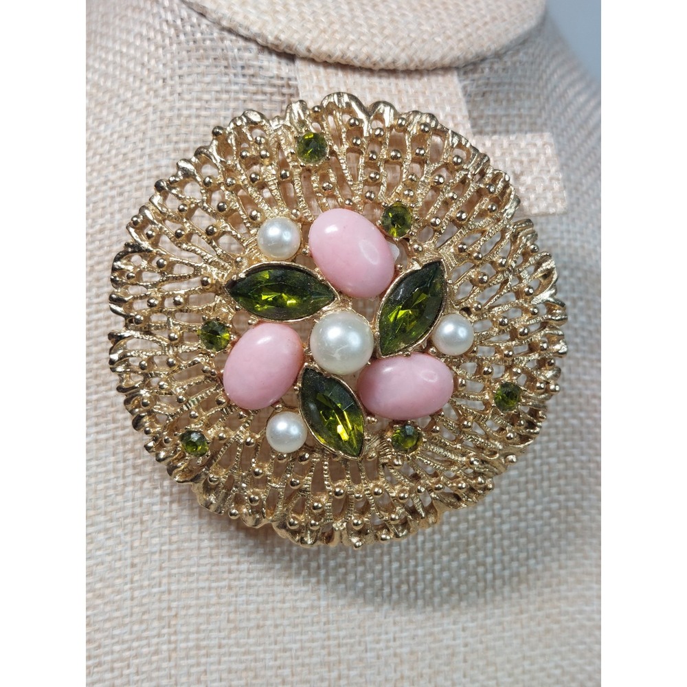 Vintage Sarah Coventry Floral Brooch Gold Tone Pink Green Rhinestone Faux Pearl